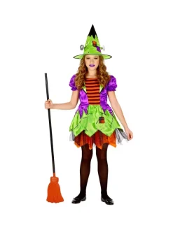 WIDMANN Déguisement Sorcière Fille Rose Et Vert (robe, Chapeau)
