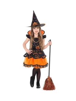 WIDMANN Déguisement Sorcière Orange Et Noir, Fille (robe Orange Et Noire, Motif Citrouille Et Chapeau) -Robes D'Halloween Soldes Boutique deguisement sorciere orange et noir fille robe orange et noire motif citrouille et chapeau 1